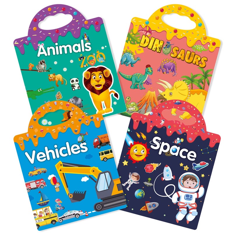 ROATEE Sticker Book Reusable - 4 Sets Sticker Pads - Removable Stickers Toy for Kids Fashion Activity  Creative Sticker Story Books for Toddlers Age 3+ Birthday Gifts (Animals  Dinosaurs  Space  Vehicles) - Image 1